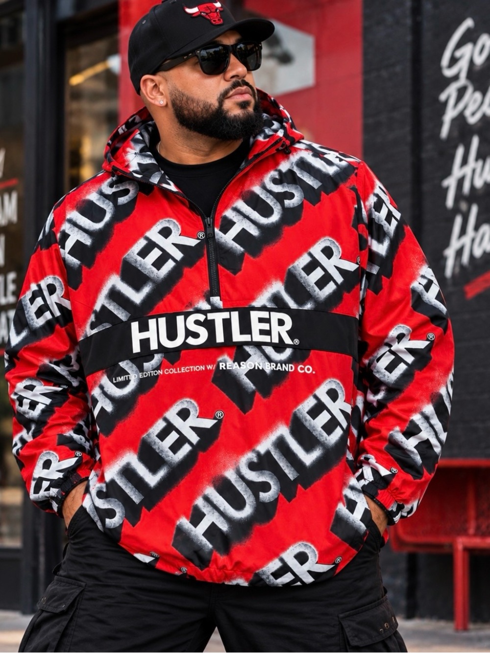 Reason Hustler Jacket Windbreaker Half-Zip Anorak Red Black Hooded Allover Print